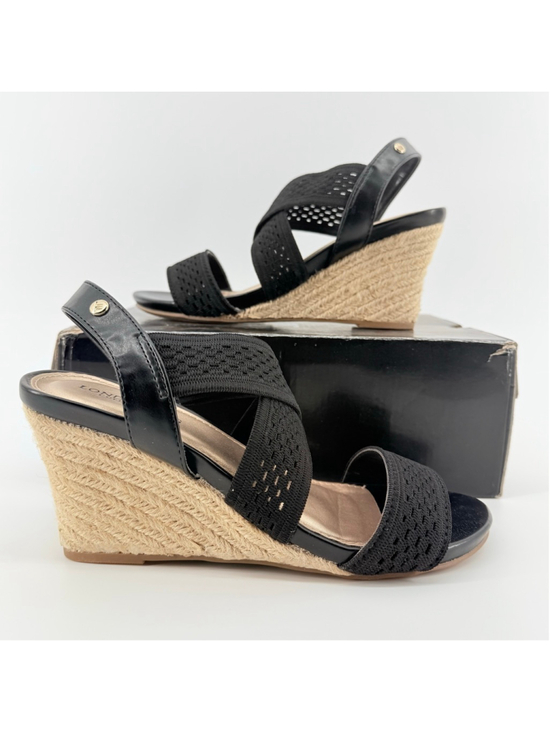 London Fog Shoes - Women's London Fog Black Wedge Woven Textile Sandals Heel Size 7.5